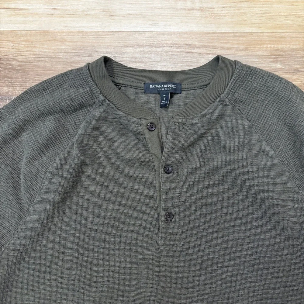 Banana Republic Henley Shirt Large Tall Core Temp Slub Cotton Blend Olive Green